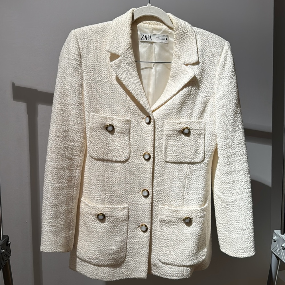 CREAM WHITE TWEED ZARA BLAZER COAT EMBELLISHED BUTTONS MEDIUM